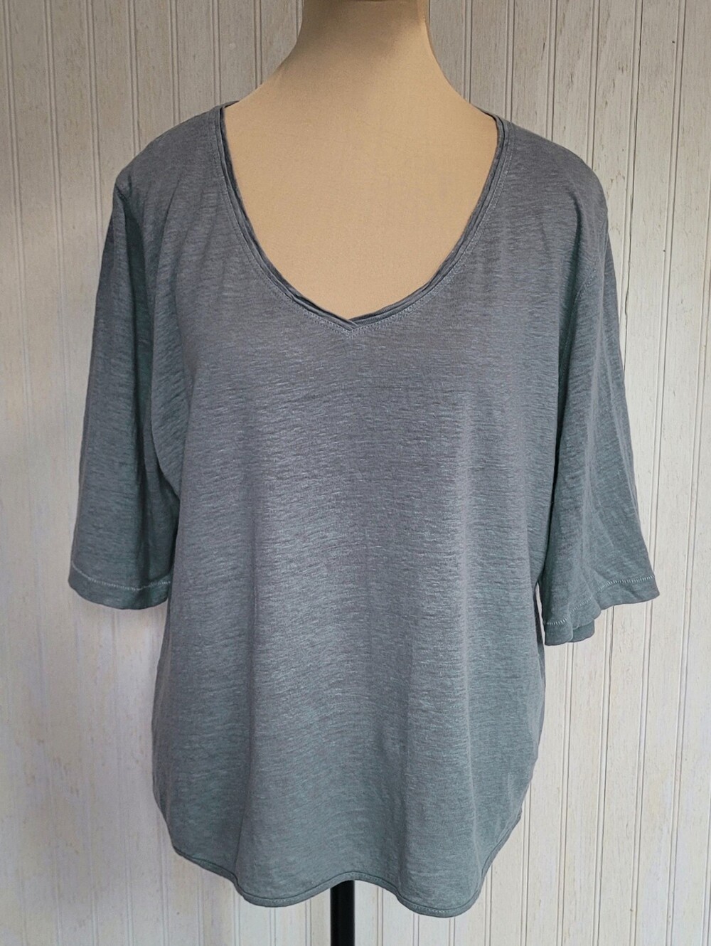 Wrap London 100% Linen V-Neck Slub Knit T-Shirt Blue Gray Size 14
